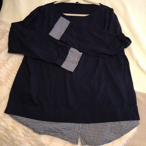 Navy J Crew knit top with built-in layered look.